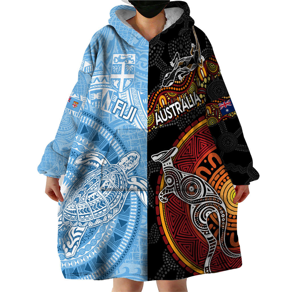 Personalised Fiji and Australia Wearable Blanket Hoodie Masi Patterns Mix Aboriginal Art - Vibe Hoodie Shop