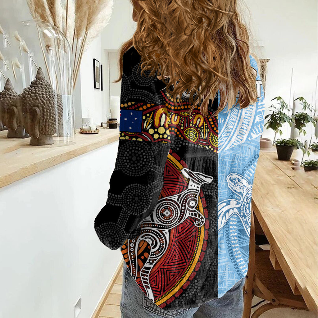 Personalised Fiji and Australia Women Casual Shirt Masi Patterns Mix Aboriginal Art - Vibe Hoodie Shop