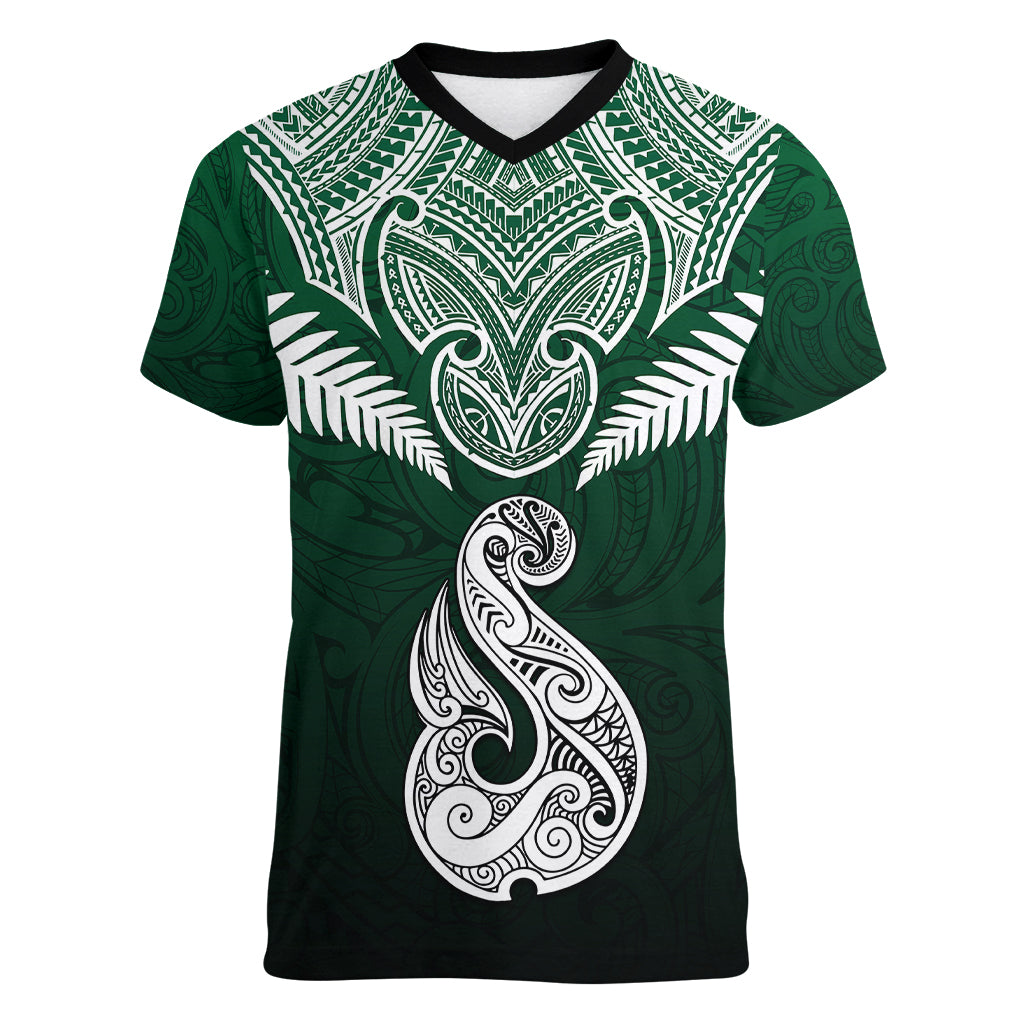 Personalised New Zealand Women V Neck T Shirt Hei Matau Mix Silver Fern Basic - Vibe Hoodie Shop