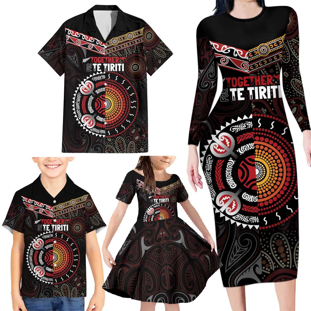 Aotearoa and Australia Indigenous Family Matching Long Sleeve Bodycon Dress and Hawaiian Shirt Stand Together For Te Tiriti