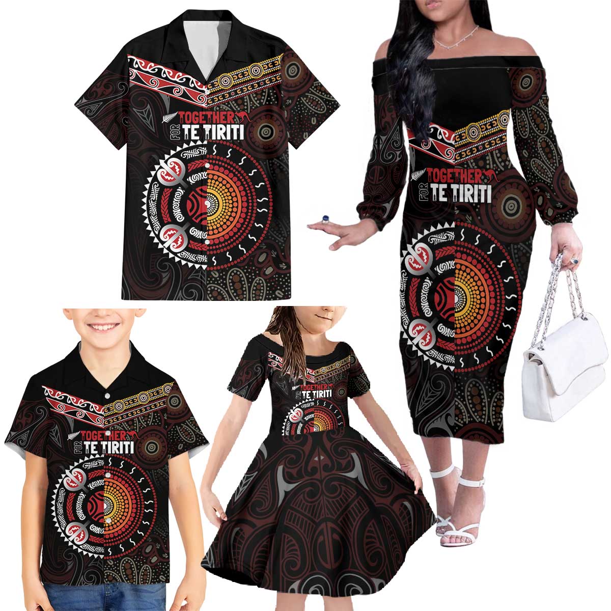 Aotearoa and Australia Indigenous Family Matching Off The Shoulder Long Sleeve Dress and Hawaiian Shirt Stand Together For Te Tiriti