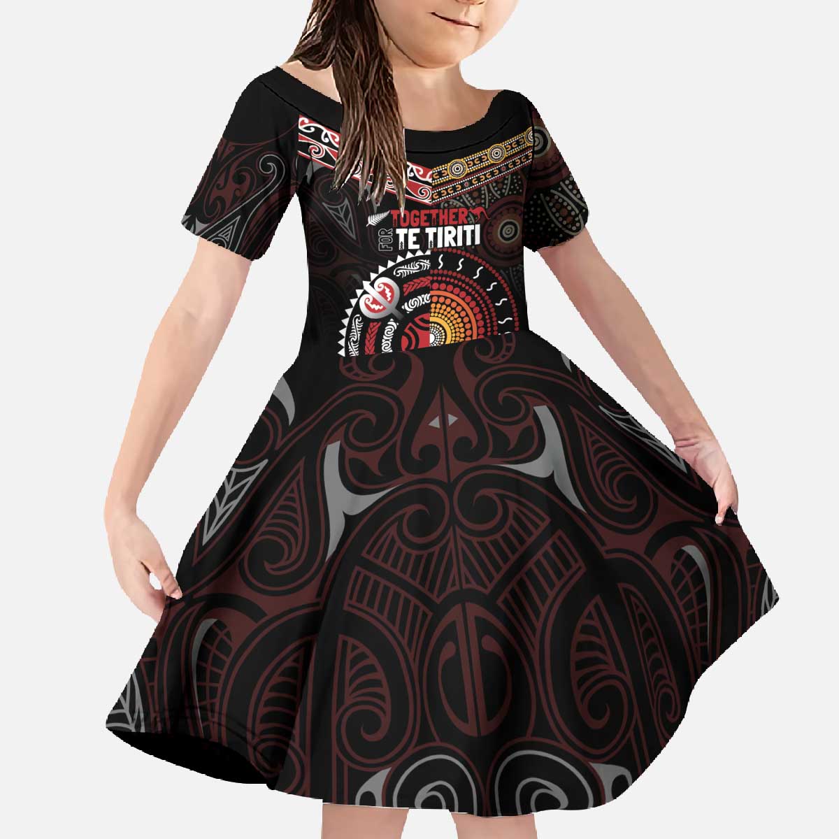 Aotearoa and Australia Indigenous Family Matching Off The Shoulder Long Sleeve Dress and Hawaiian Shirt Stand Together For Te Tiriti