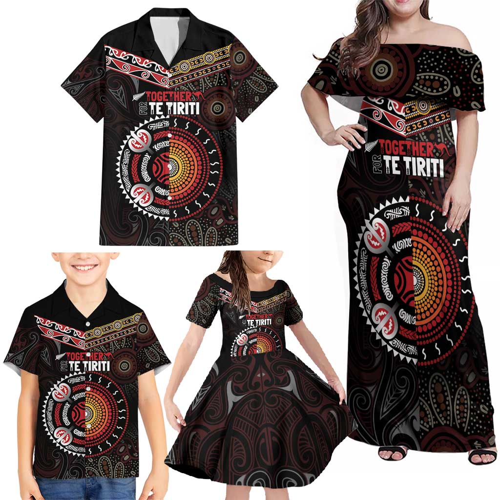 Aotearoa and Australia Indigenous Family Matching Off Shoulder Maxi Dress and Hawaiian Shirt Stand Together For Te Tiriti