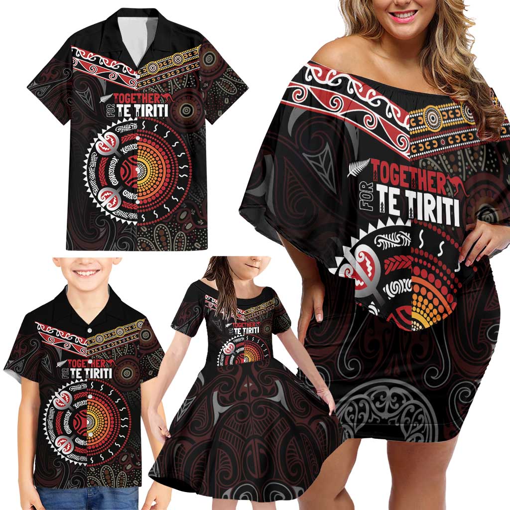 Aotearoa and Australia Indigenous Family Matching Off Shoulder Short Dress and Hawaiian Shirt Stand Together For Te Tiriti