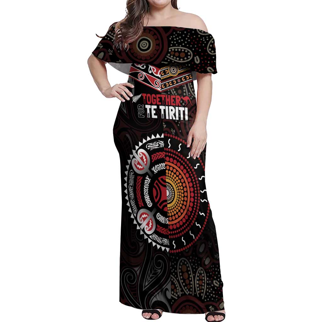 Aotearoa and Australia Indigenous Off Shoulder Maxi Dress Stand Together For Te Tiriti