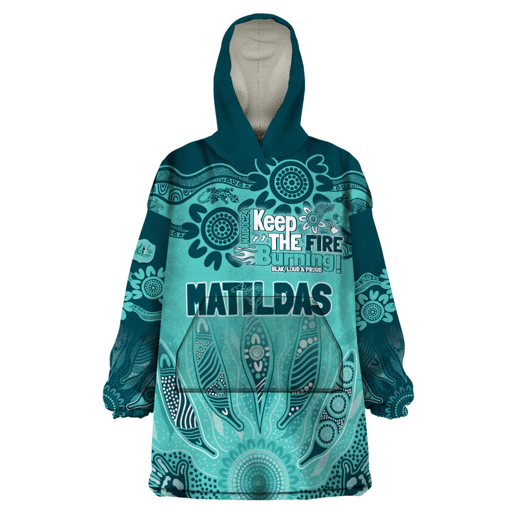 Australia Matildas Indigenous Wearable Blanket Hoodie NAIDOC 2024 Turquoise Color - Vibe Hoodie Shop