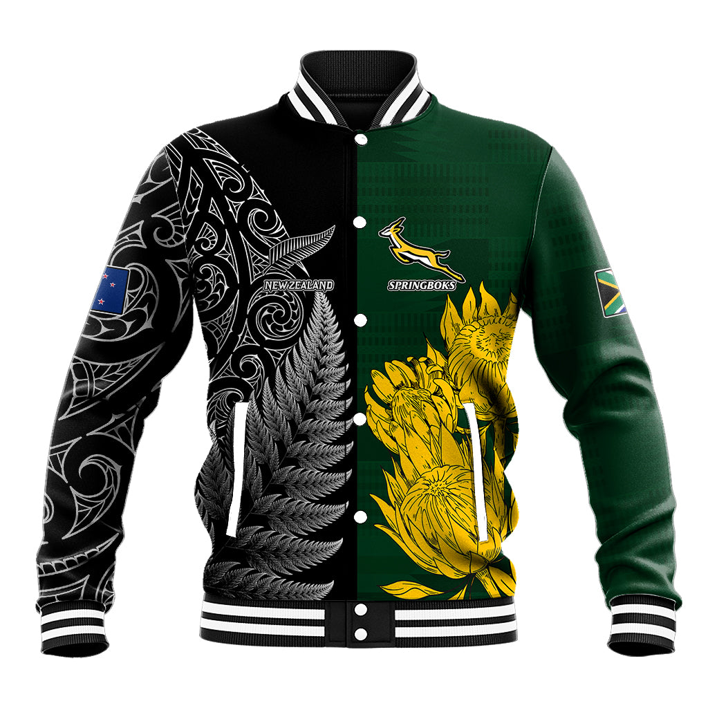 Personalised New Zealand Mix South Africa Rugby Baseball Jacket Protea Vs. Silver Ferns - Vibe Hoodie Shop