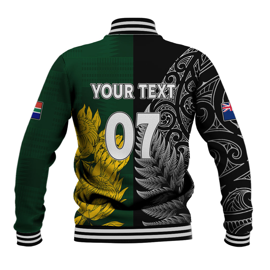 Personalised New Zealand Mix South Africa Rugby Baseball Jacket Protea Vs. Silver Ferns - Vibe Hoodie Shop