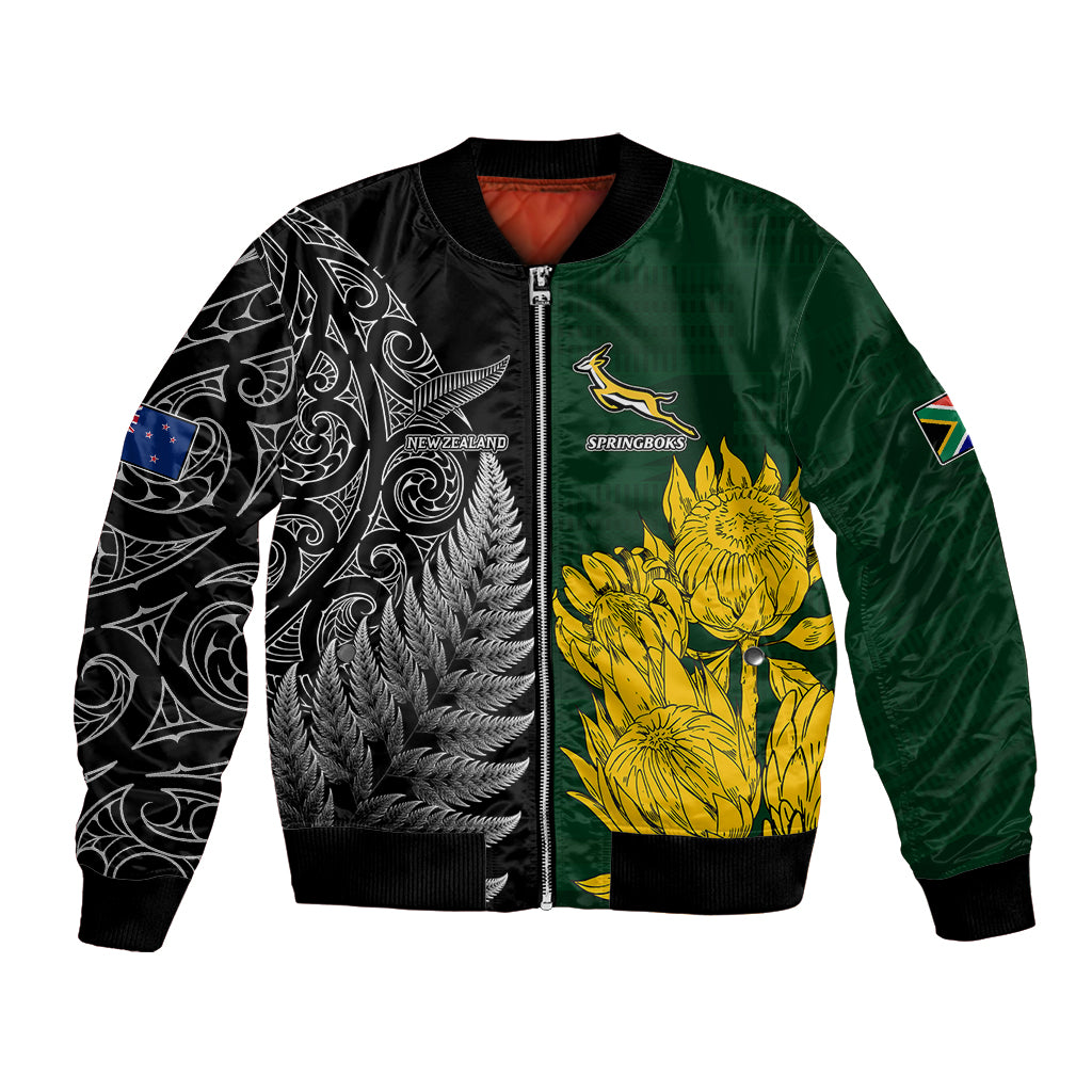 Personalised New Zealand Mix South Africa Rugby Bomber Jacket Protea Vs. Silver Ferns - Vibe Hoodie Shop