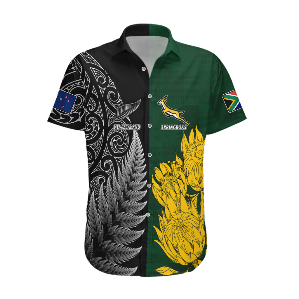 Personalised New Zealand Mix South Africa Rugby Hawaiian Shirt Protea Vs. Silver Ferns - Vibe Hoodie Shop