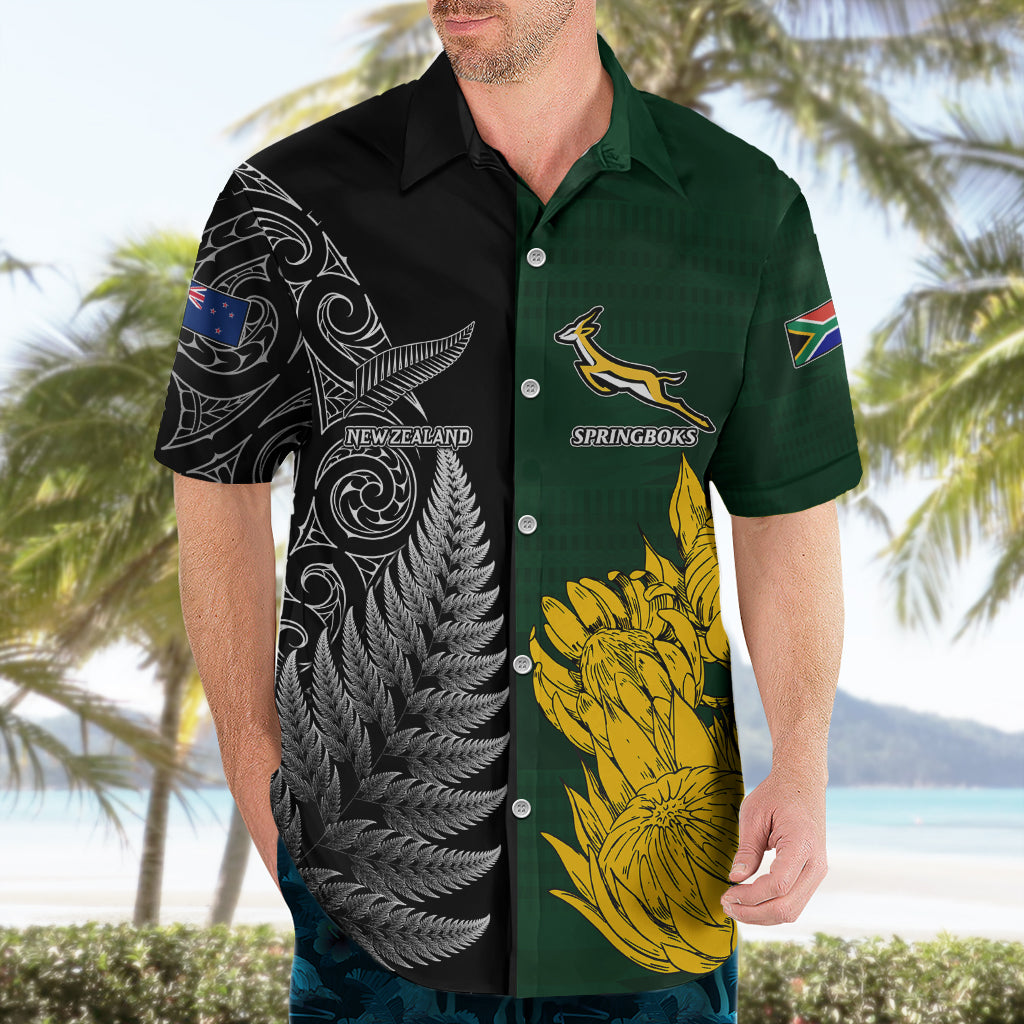 Personalised New Zealand Mix South Africa Rugby Hawaiian Shirt Protea Vs. Silver Ferns - Vibe Hoodie Shop