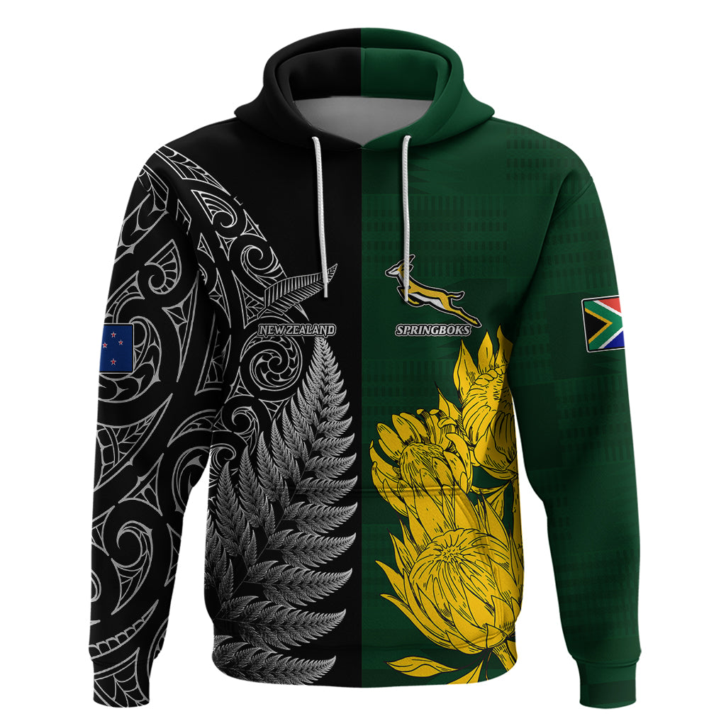 Personalised New Zealand Mix South Africa Rugby Hoodie Protea Vs. Silver Ferns LT7 - Vibe Hoodie Shop
