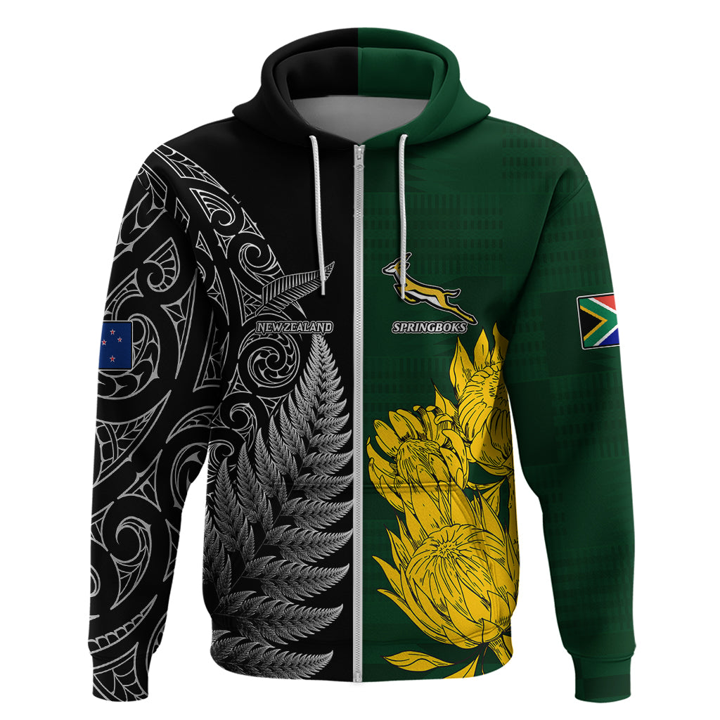 Personalised New Zealand Mix South Africa Rugby Hoodie Protea Vs. Silver Ferns LT7 - Vibe Hoodie Shop