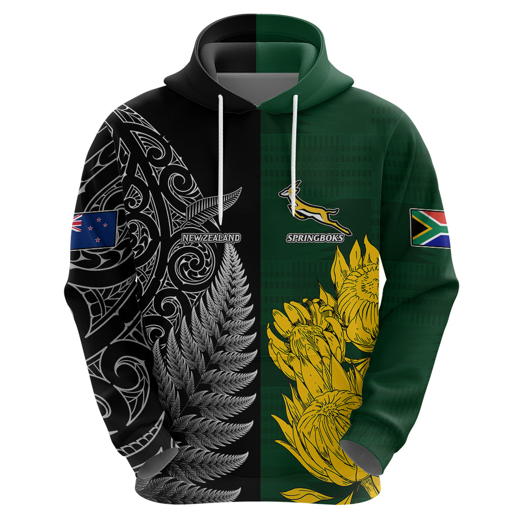 Personalised New Zealand Mix South Africa Rugby Hoodie Protea Vs. Silver Ferns LT7 - Vibe Hoodie Shop