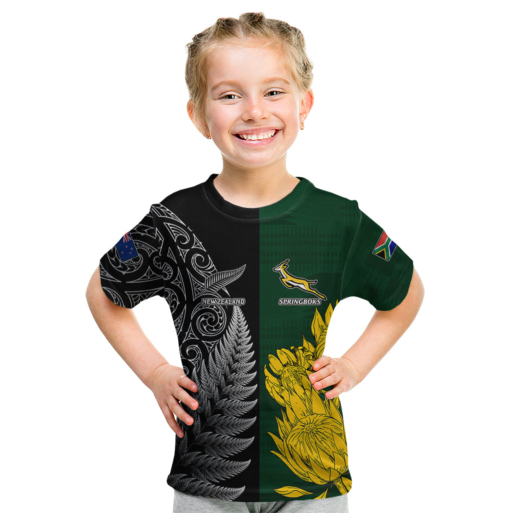Personalised New Zealand Mix South Africa Rugby Kid T Shirt Protea Vs. Silver Ferns - Vibe Hoodie Shop