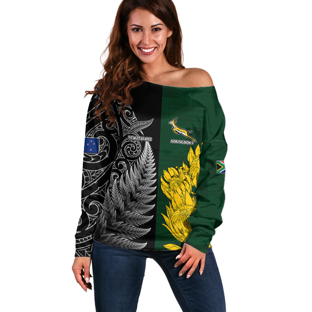 Personalised New Zealand Mix South Africa Rugby Off Shoulder Sweater Protea Vs. Silver Ferns - Vibe Hoodie Shop