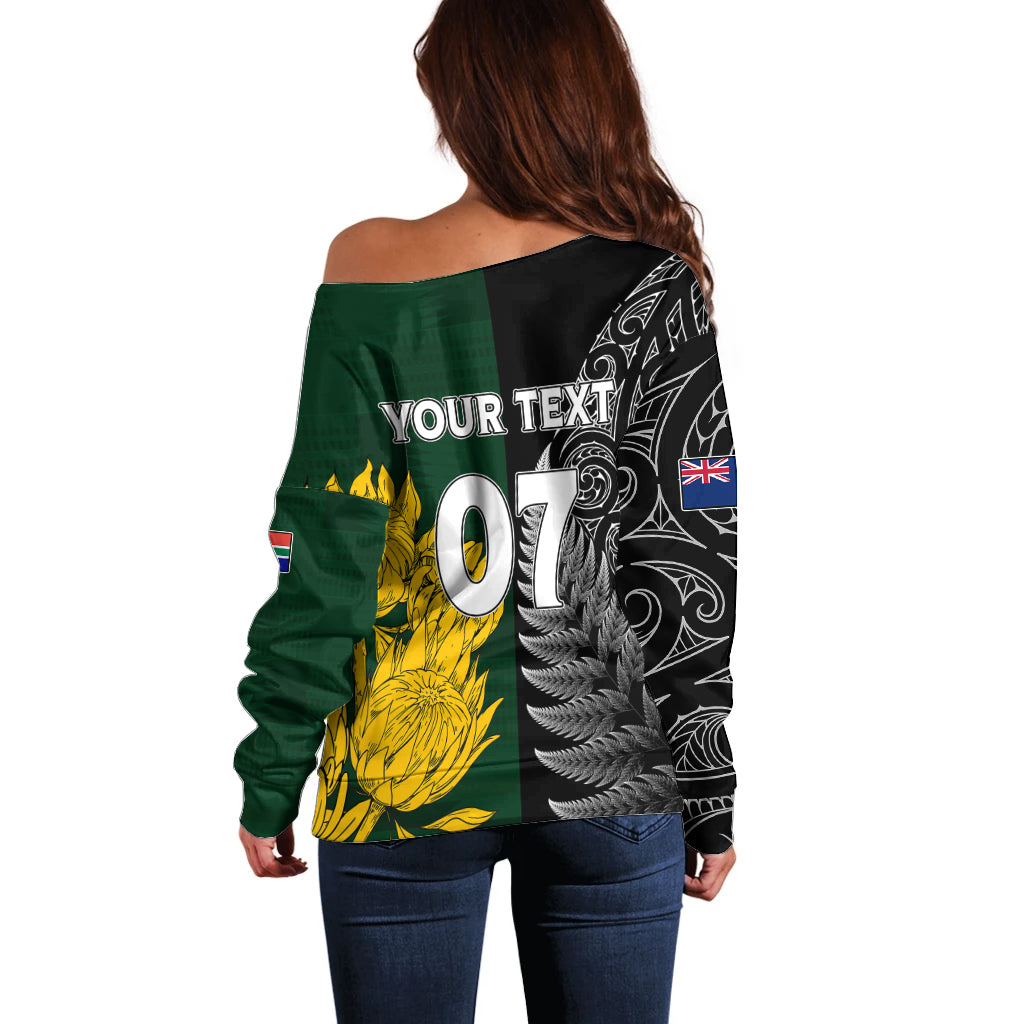 Personalised New Zealand Mix South Africa Rugby Off Shoulder Sweater Protea Vs. Silver Ferns - Vibe Hoodie Shop