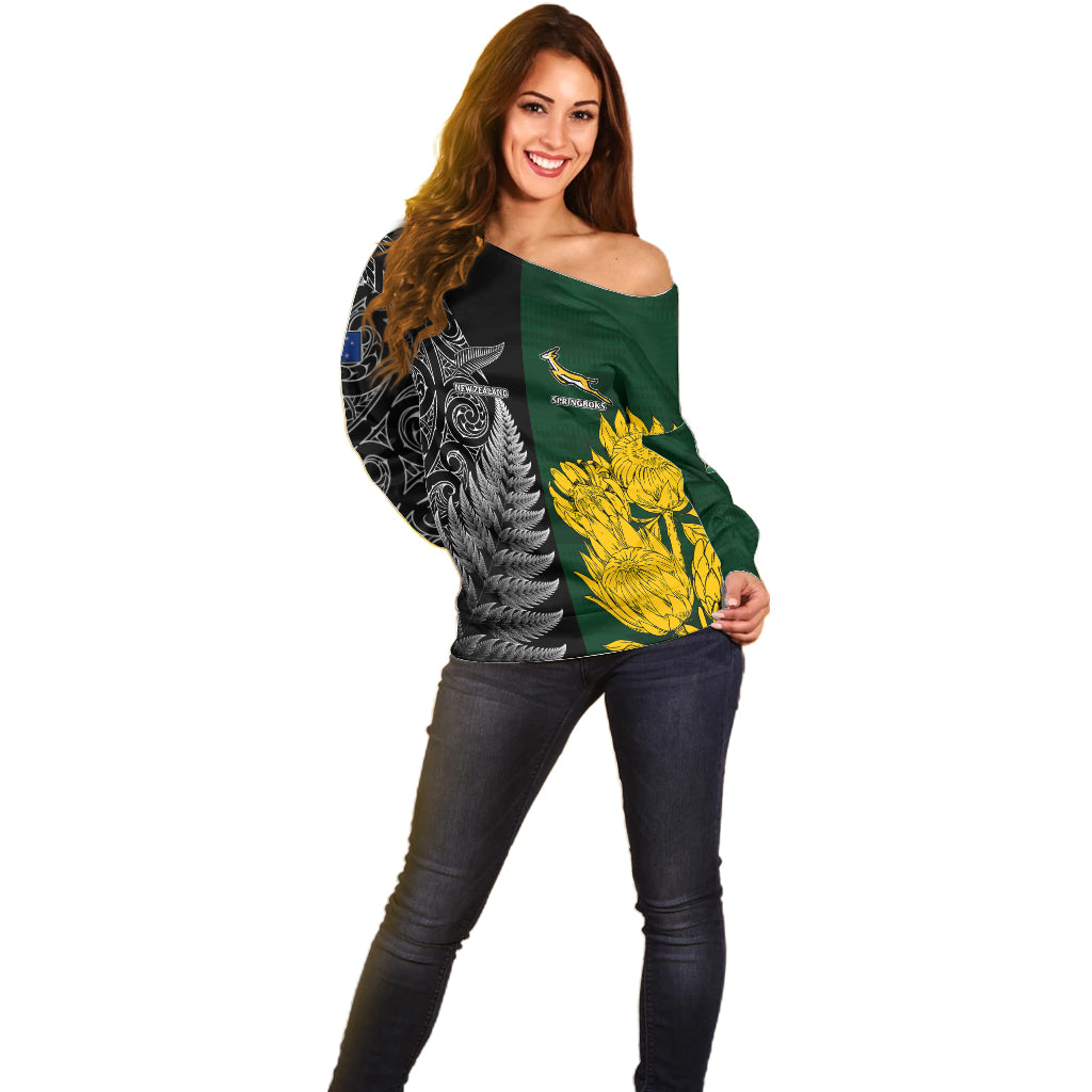Personalised New Zealand Mix South Africa Rugby Off Shoulder Sweater Protea Vs. Silver Ferns - Vibe Hoodie Shop