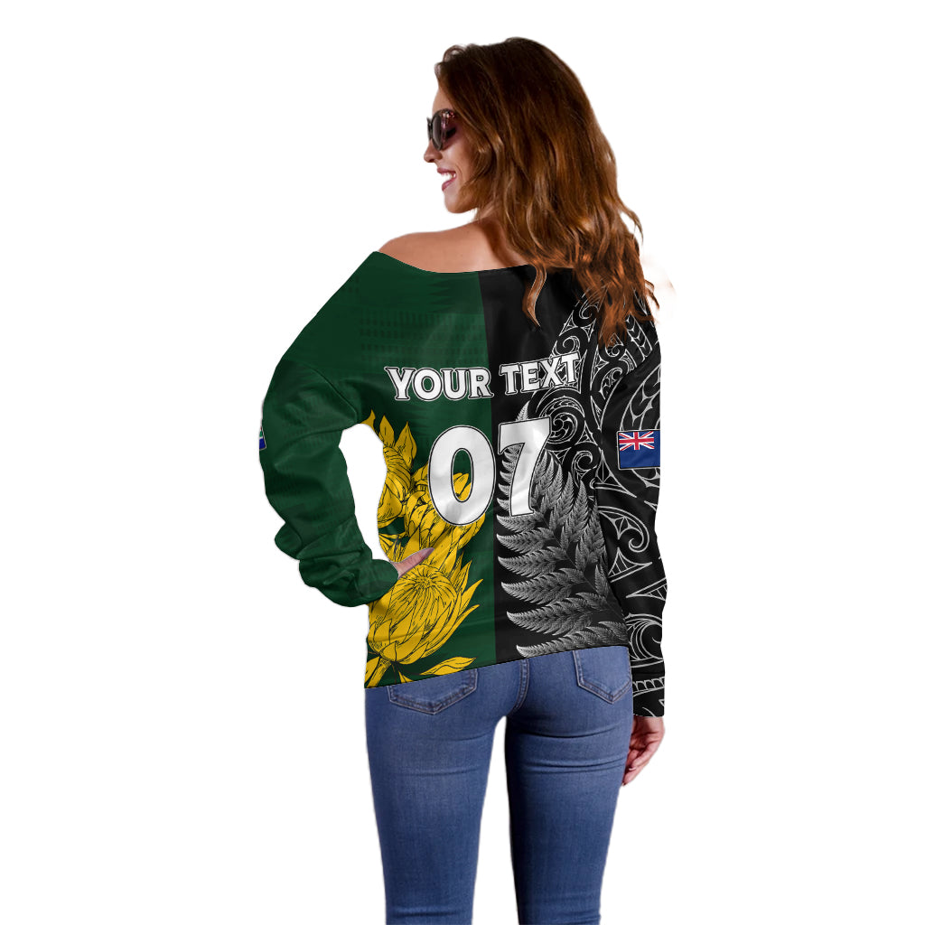 Personalised New Zealand Mix South Africa Rugby Off Shoulder Sweater Protea Vs. Silver Ferns - Vibe Hoodie Shop