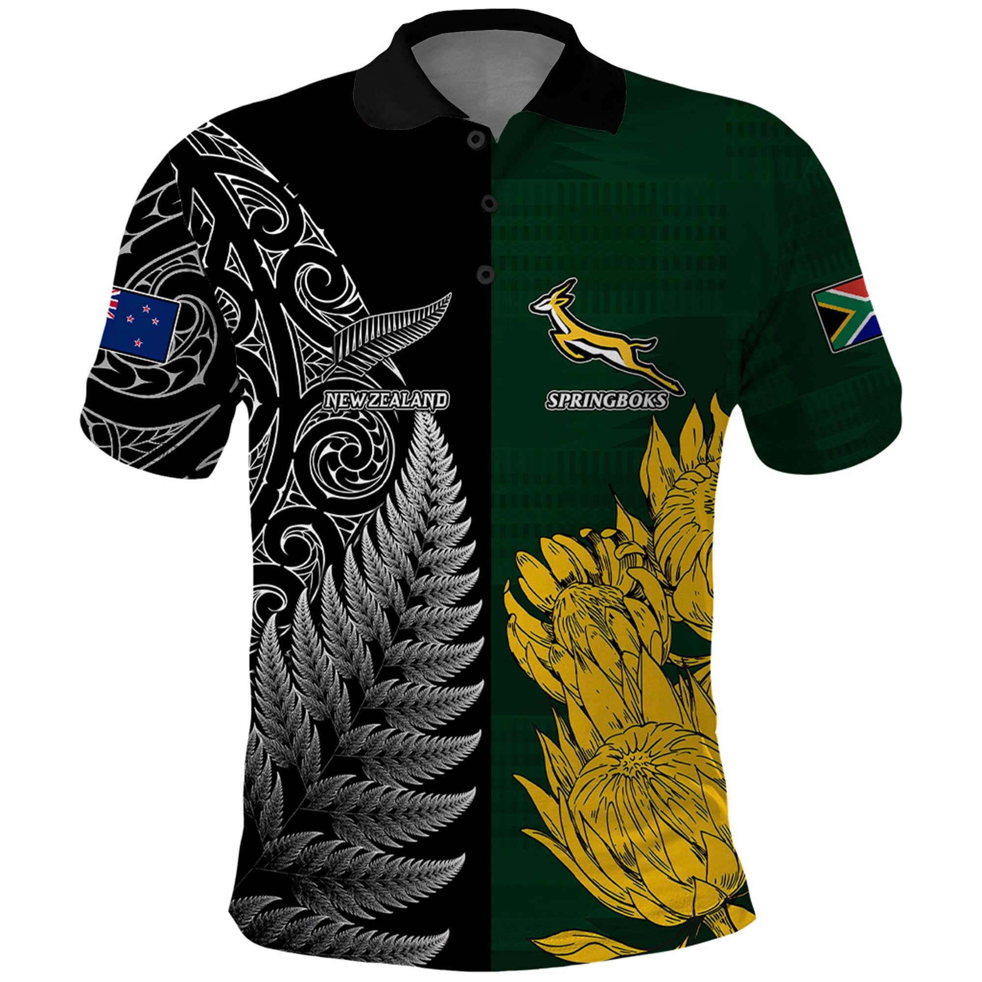 Personalised New Zealand Mix South Africa Rugby Polo Shirt Protea Vs. Silver Ferns - Vibe Hoodie Shop