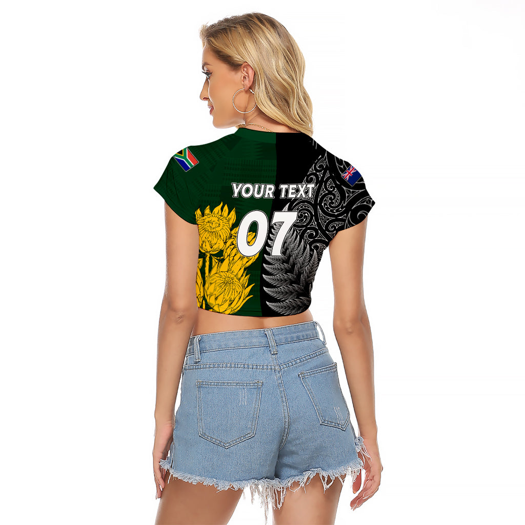 Personalised New Zealand Mix South Africa Rugby Raglan Cropped T Shirt Protea Vs. Silver Ferns - Vibe Hoodie Shop