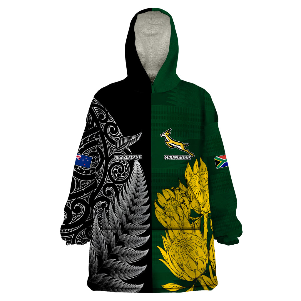 Personalised New Zealand Mix South Africa Rugby Wearable Blanket Hoodie Protea Vs. Silver Ferns - Vibe Hoodie Shop