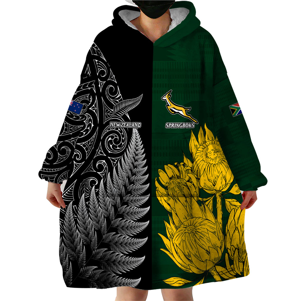 Personalised New Zealand Mix South Africa Rugby Wearable Blanket Hoodie Protea Vs. Silver Ferns - Vibe Hoodie Shop