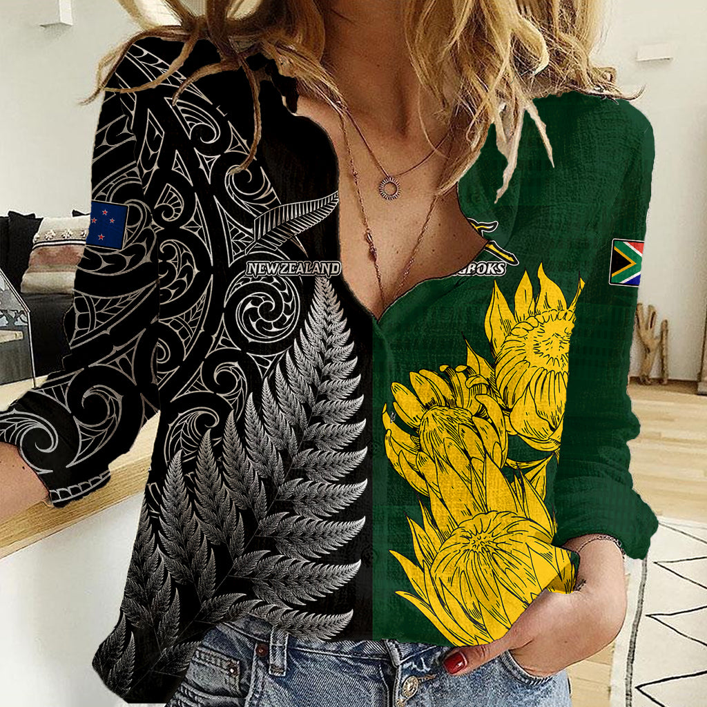 Personalised New Zealand Mix South Africa Rugby Women Casual Shirt Protea Vs. Silver Ferns - Vibe Hoodie Shop