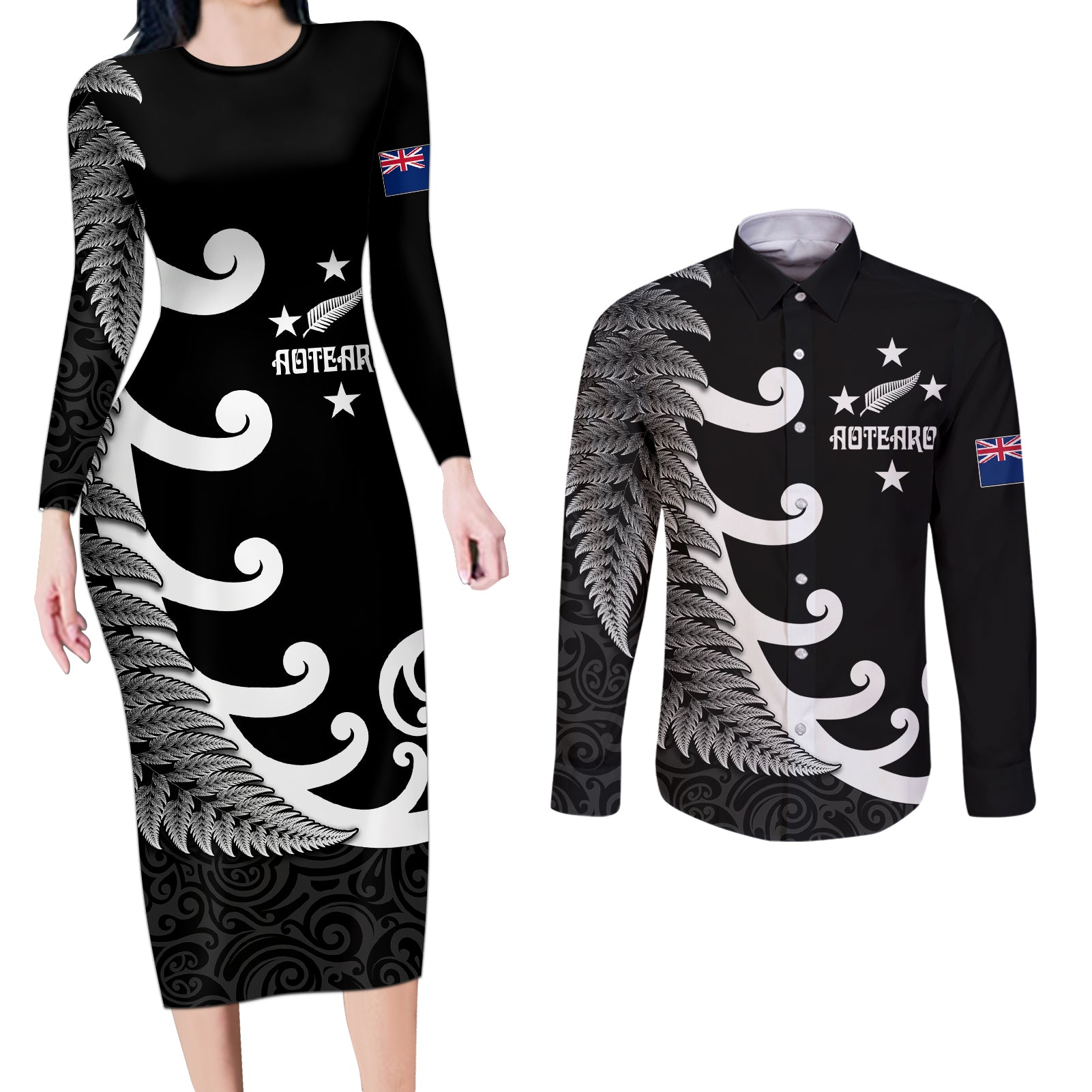 personalised-new-zealand-rugby-couples-matching-long-sleeve-bodycon-dress-and-long-sleeve-button-shirts-aotearoa-silver-fern-koru-maori-style