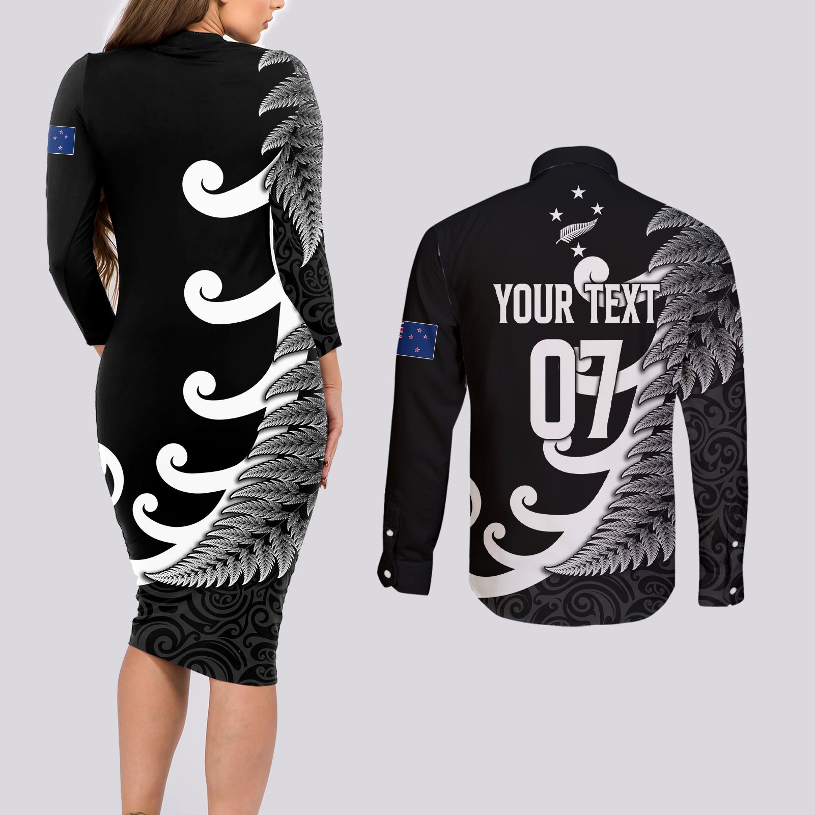 personalised-new-zealand-rugby-couples-matching-long-sleeve-bodycon-dress-and-long-sleeve-button-shirts-aotearoa-silver-fern-koru-maori-style