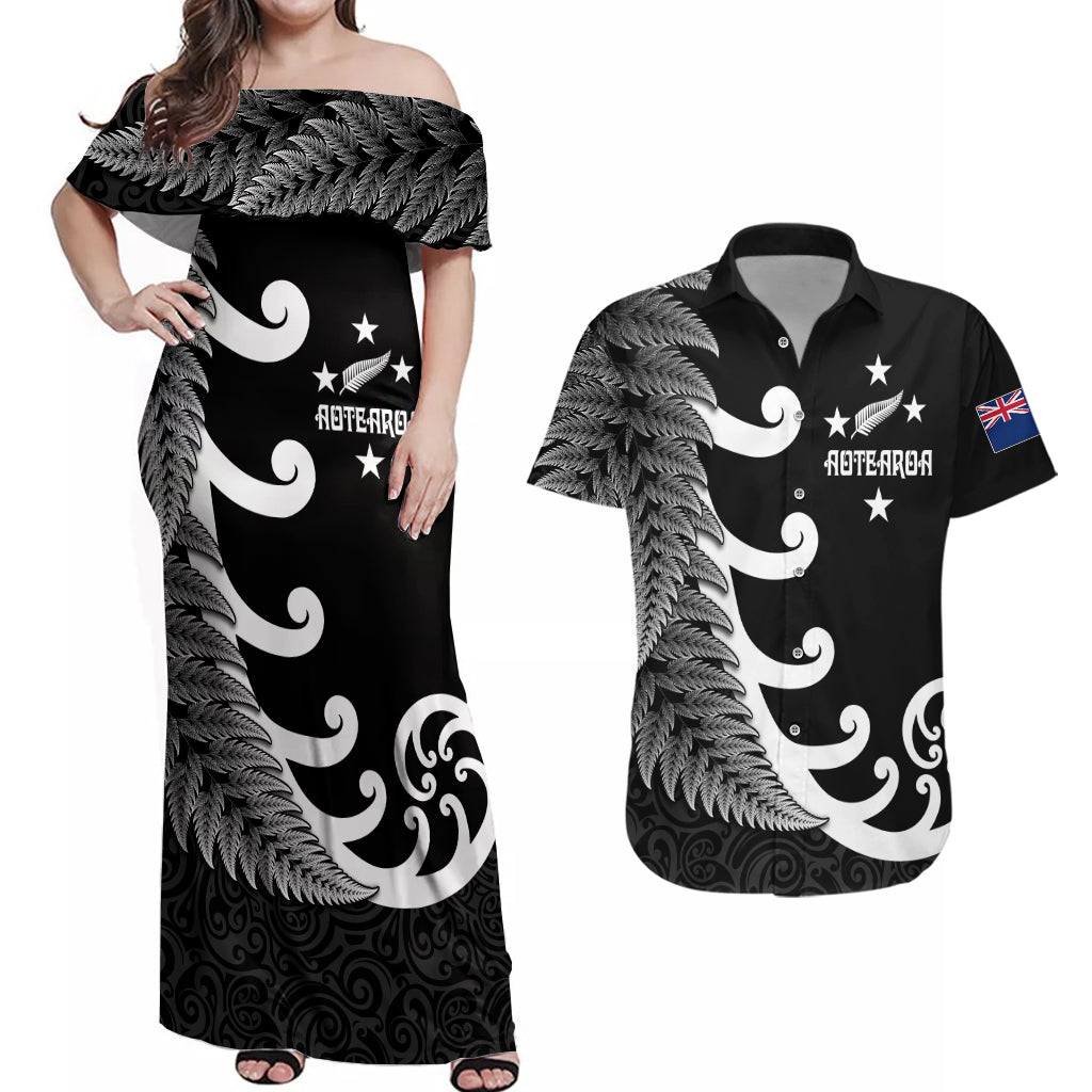 personalised-new-zealand-rugby-couples-matching-off-shoulder-maxi-dress-and-hawaiian-shirt-aotearoa-silver-fern-koru-maori-style