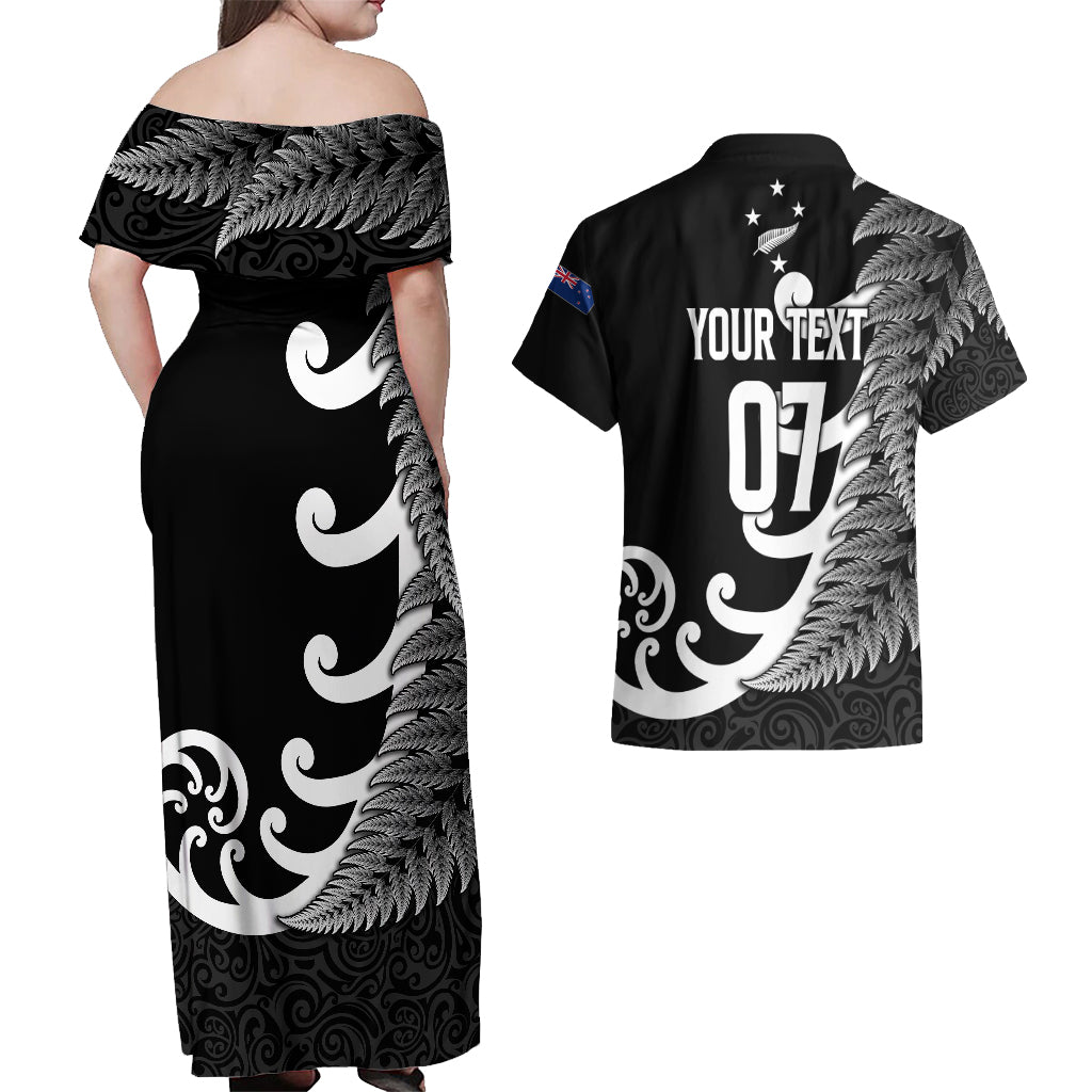 personalised-new-zealand-rugby-couples-matching-off-shoulder-maxi-dress-and-hawaiian-shirt-aotearoa-silver-fern-koru-maori-style