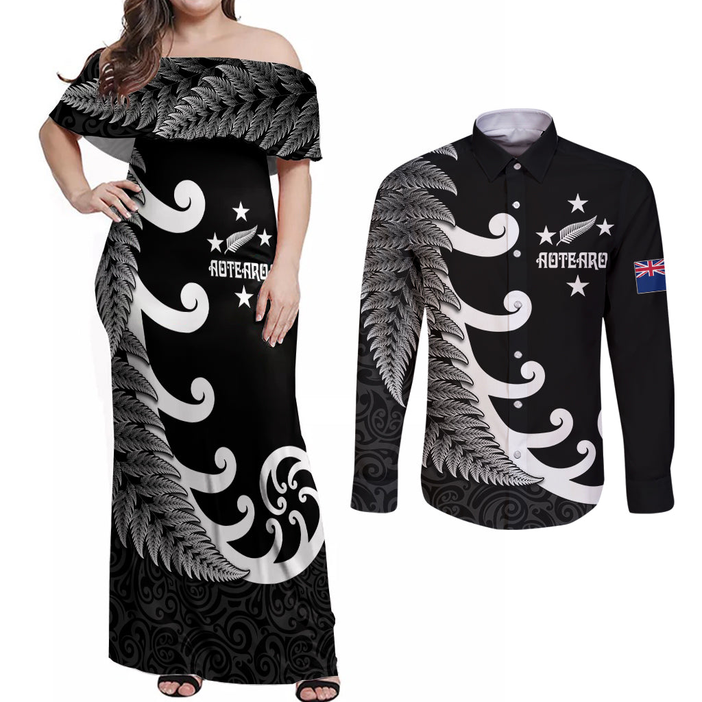 personalised-new-zealand-rugby-couples-matching-off-shoulder-maxi-dress-and-long-sleeve-button-shirts-aotearoa-silver-fern-koru-maori-style