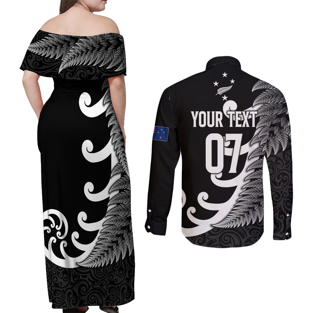 personalised-new-zealand-rugby-couples-matching-off-shoulder-maxi-dress-and-long-sleeve-button-shirts-aotearoa-silver-fern-koru-maori-style