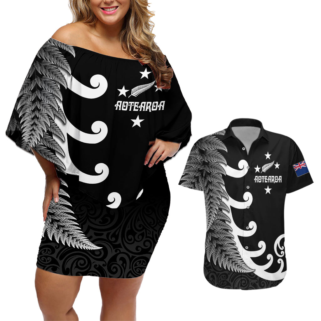 personalised-new-zealand-rugby-couples-matching-off-shoulder-short-dress-and-hawaiian-shirt-aotearoa-silver-fern-koru-maori-style