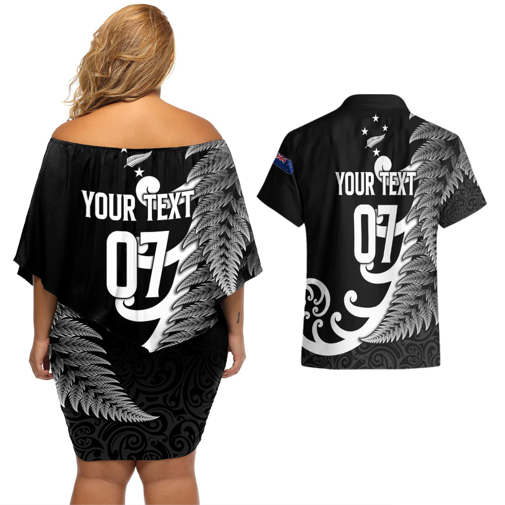 personalised-new-zealand-rugby-couples-matching-off-shoulder-short-dress-and-hawaiian-shirt-aotearoa-silver-fern-koru-maori-style