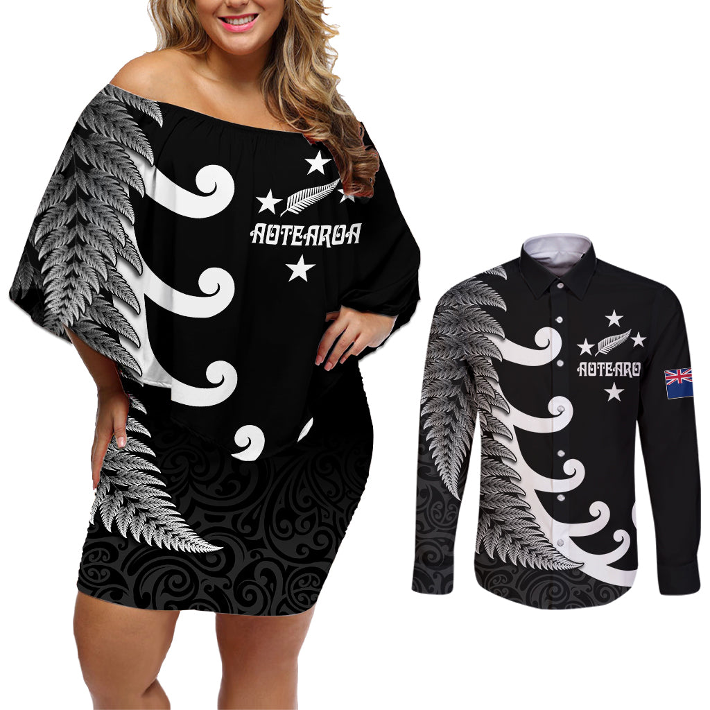 personalised-new-zealand-rugby-couples-matching-off-shoulder-short-dress-and-long-sleeve-button-shirts-aotearoa-silver-fern-koru-maori-style