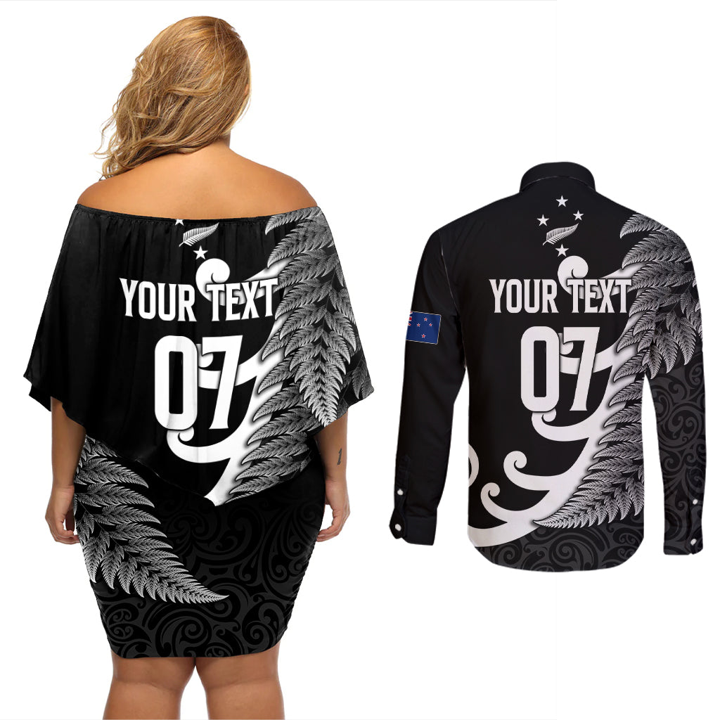 personalised-new-zealand-rugby-couples-matching-off-shoulder-short-dress-and-long-sleeve-button-shirts-aotearoa-silver-fern-koru-maori-style