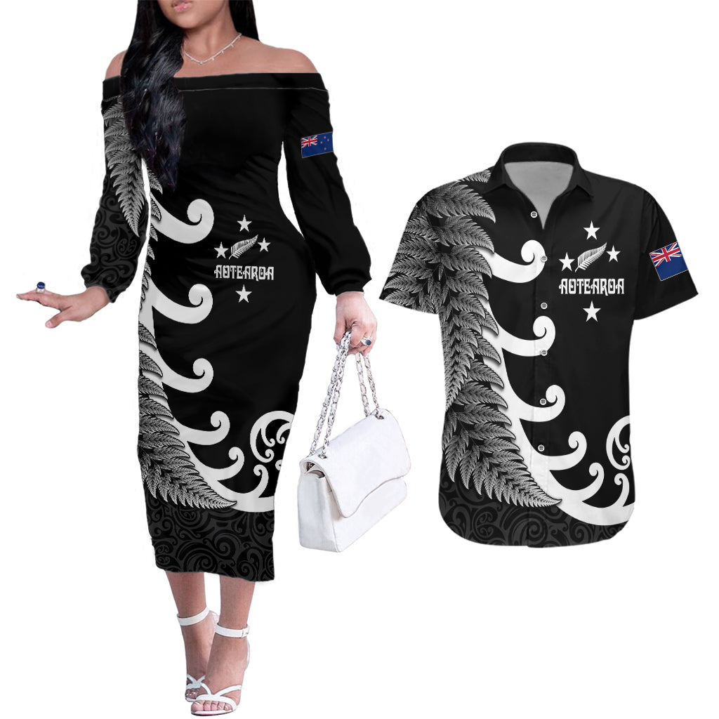 personalised-new-zealand-rugby-couples-matching-off-the-shoulder-long-sleeve-dress-and-hawaiian-shirt-aotearoa-silver-fern-koru-maori-style