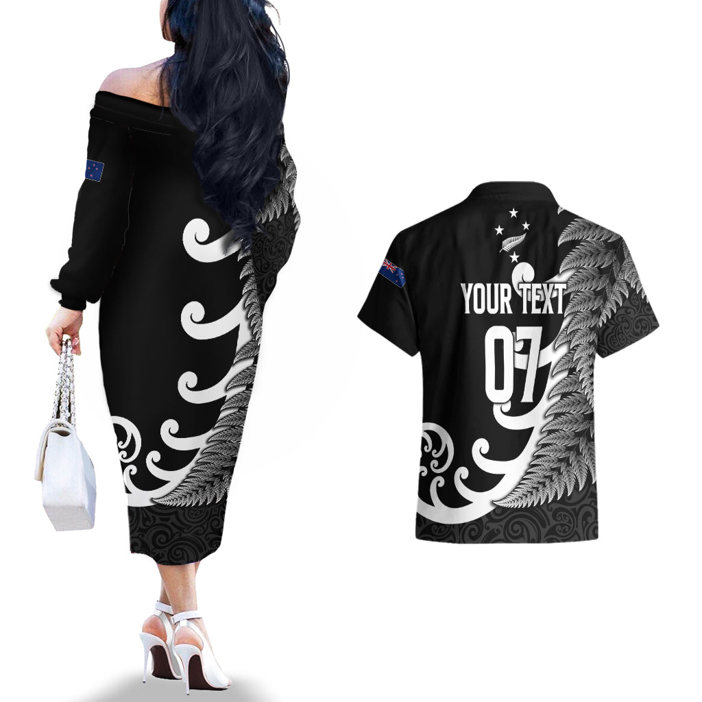 personalised-new-zealand-rugby-couples-matching-off-the-shoulder-long-sleeve-dress-and-hawaiian-shirt-aotearoa-silver-fern-koru-maori-style
