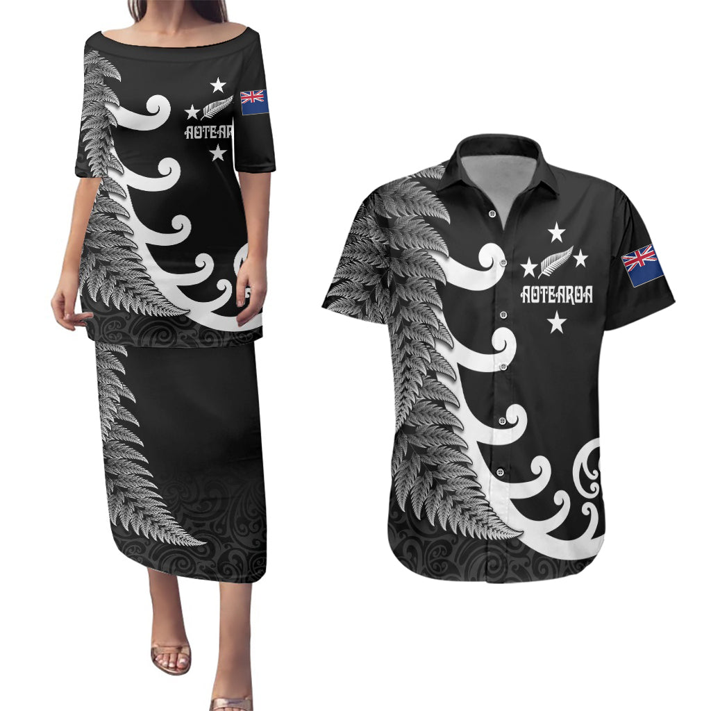 personalised-new-zealand-rugby-couples-matching-puletasi-dress-and-hawaiian-shirt-aotearoa-silver-fern-koru-maori-style