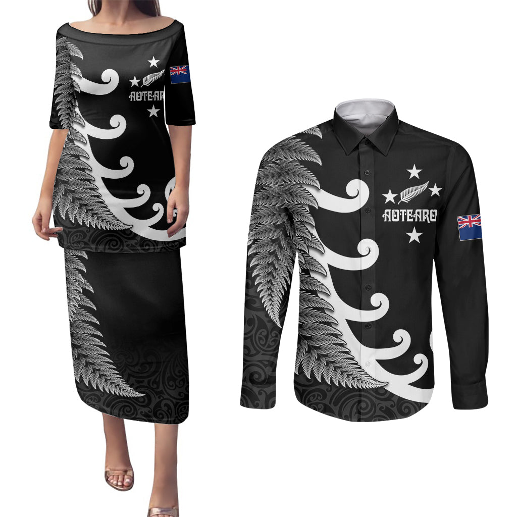 personalised-new-zealand-rugby-couples-matching-puletasi-dress-and-long-sleeve-button-shirts-aotearoa-silver-fern-koru-maori-style
