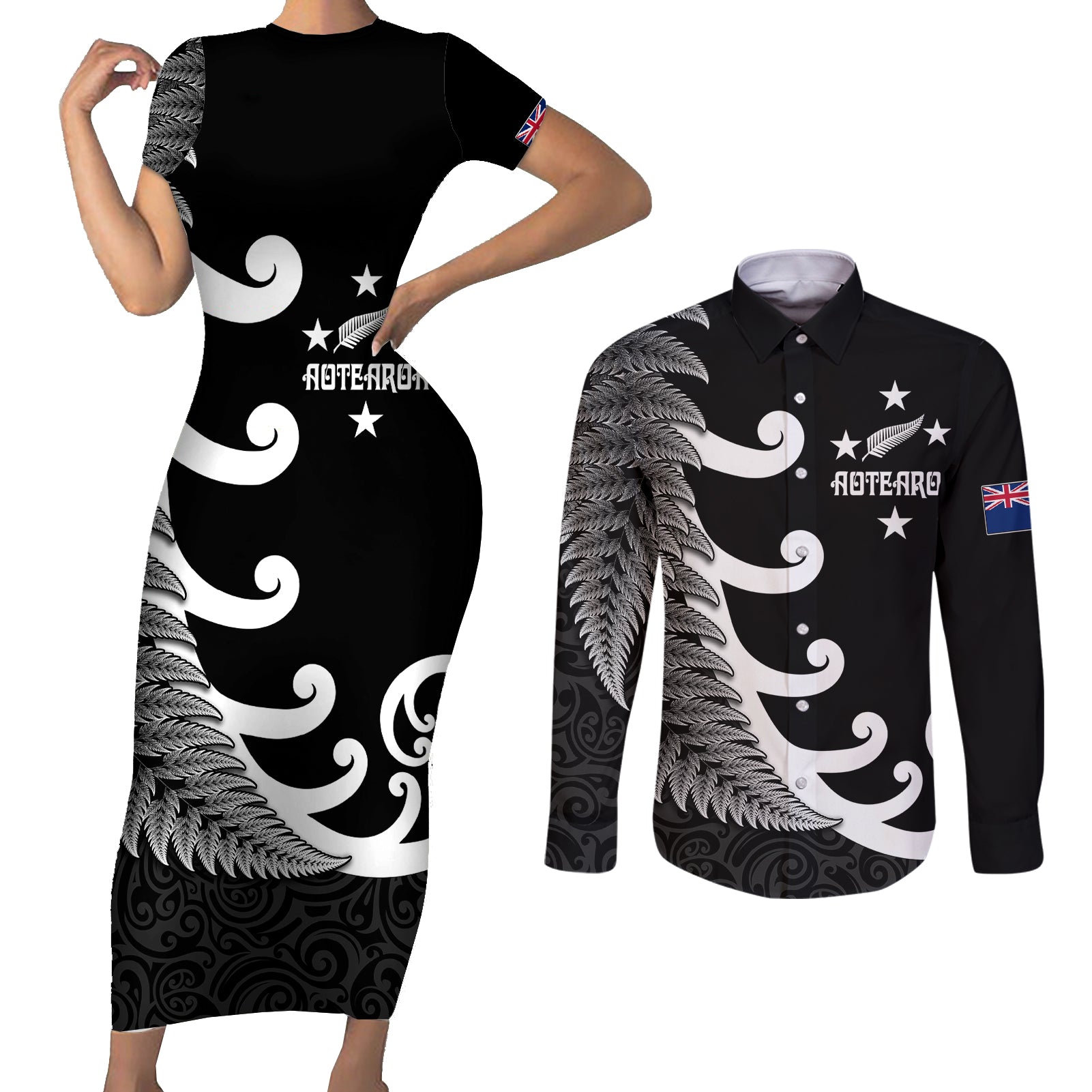 personalised-new-zealand-rugby-couples-matching-short-sleeve-bodycon-dress-and-long-sleeve-button-shirts-aotearoa-silver-fern-koru-maori-style