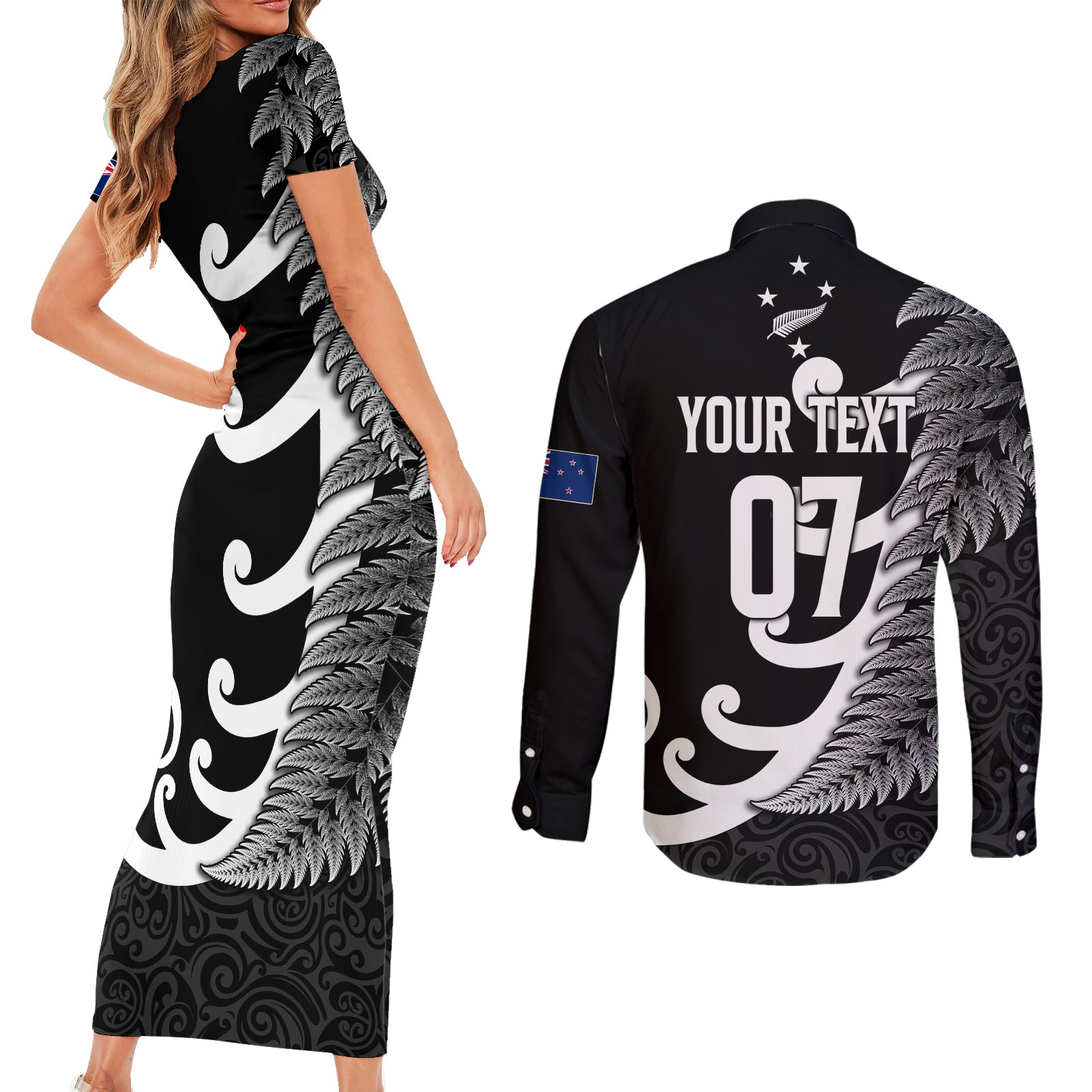 personalised-new-zealand-rugby-couples-matching-short-sleeve-bodycon-dress-and-long-sleeve-button-shirts-aotearoa-silver-fern-koru-maori-style