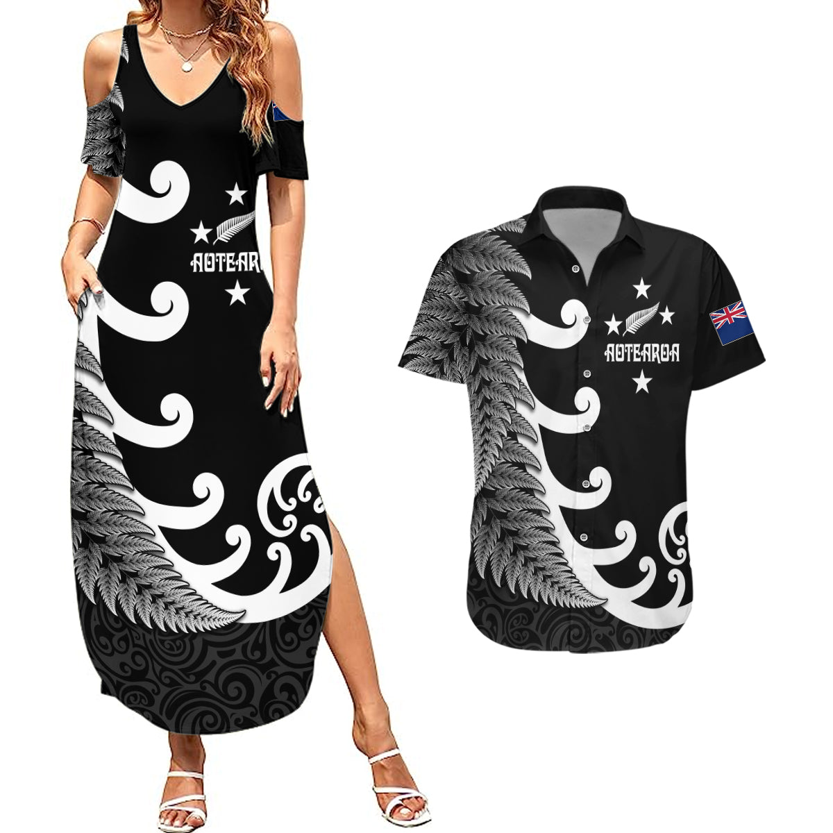 personalised-new-zealand-rugby-couples-matching-summer-maxi-dress-and-hawaiian-shirt-aotearoa-silver-fern-koru-maori-style