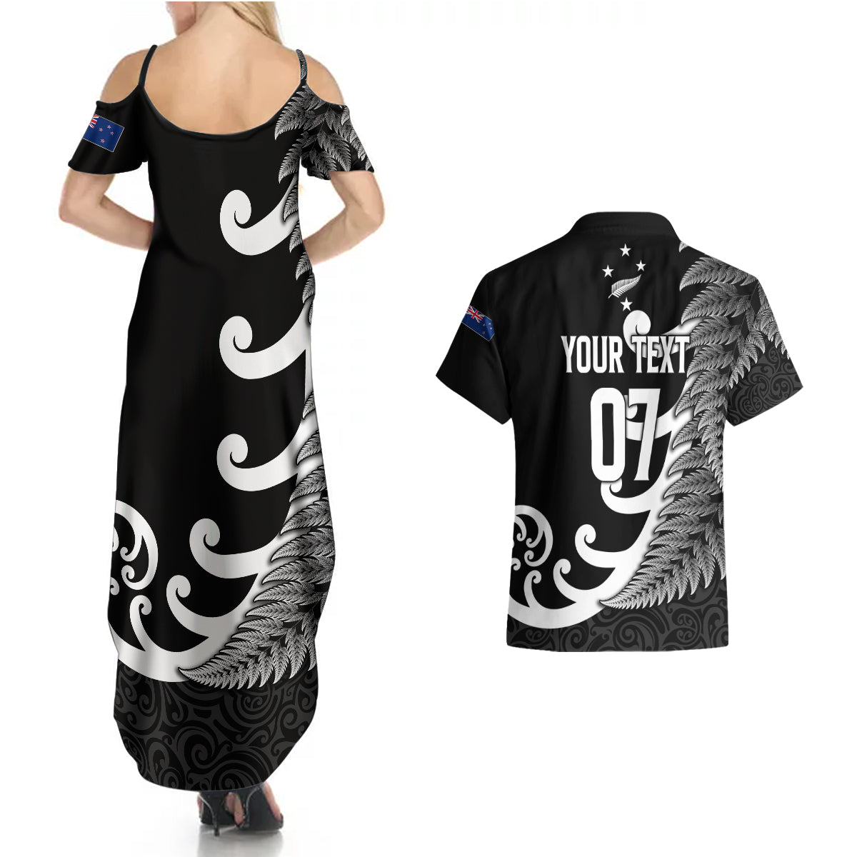 personalised-new-zealand-rugby-couples-matching-summer-maxi-dress-and-hawaiian-shirt-aotearoa-silver-fern-koru-maori-style