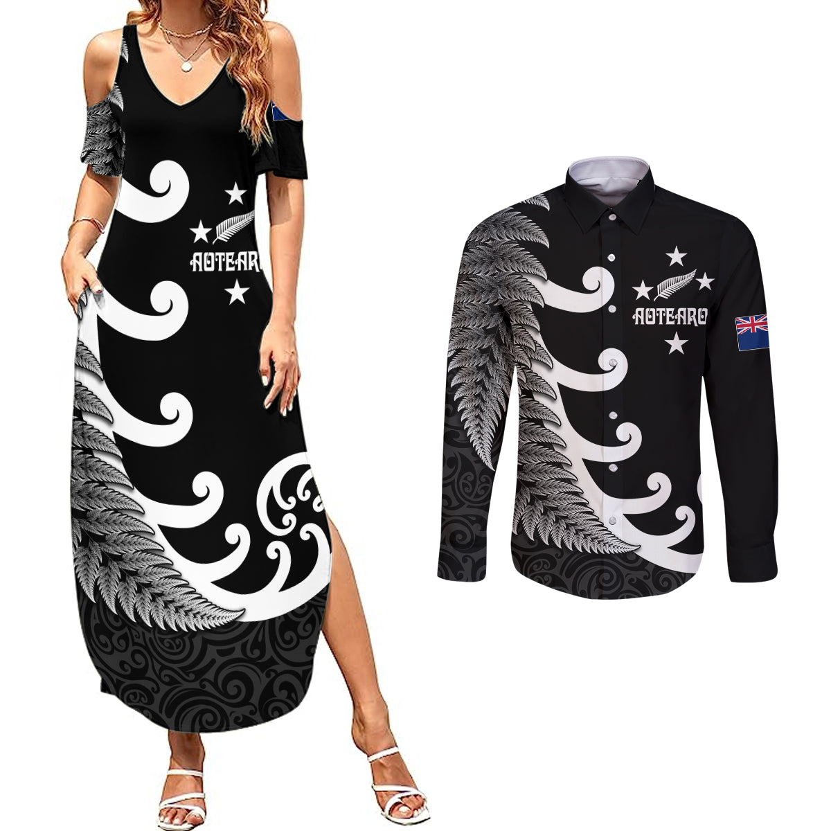 personalised-new-zealand-rugby-couples-matching-summer-maxi-dress-and-long-sleeve-button-shirts-aotearoa-silver-fern-koru-maori-style