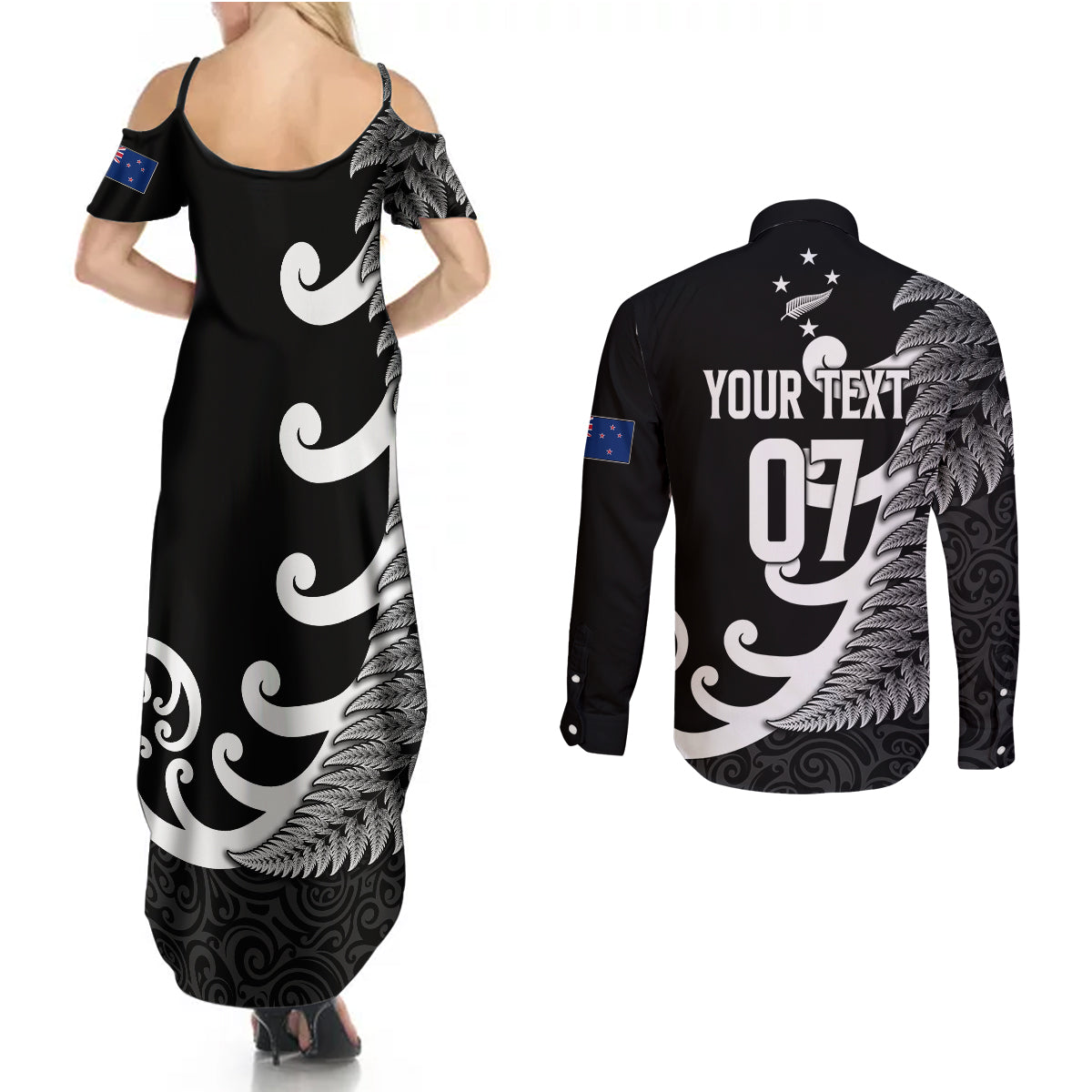 personalised-new-zealand-rugby-couples-matching-summer-maxi-dress-and-long-sleeve-button-shirts-aotearoa-silver-fern-koru-maori-style