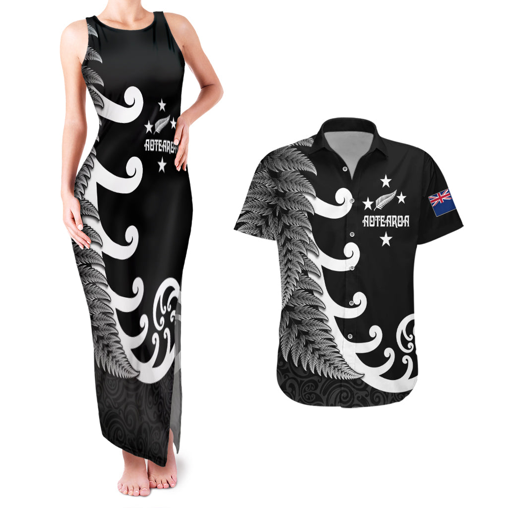personalised-new-zealand-rugby-couples-matching-tank-maxi-dress-and-hawaiian-shirt-aotearoa-silver-fern-koru-maori-style