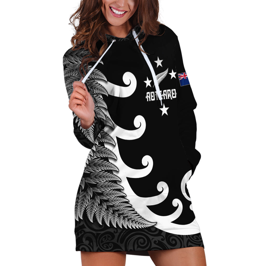Personalised New Zealand Rugby Hoodie Dress Aotearoa Silver Fern Koru Maori Style - Vibe Hoodie Shop